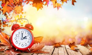 Red alarm clock sitting on a wooden table surrounded by fall leaves